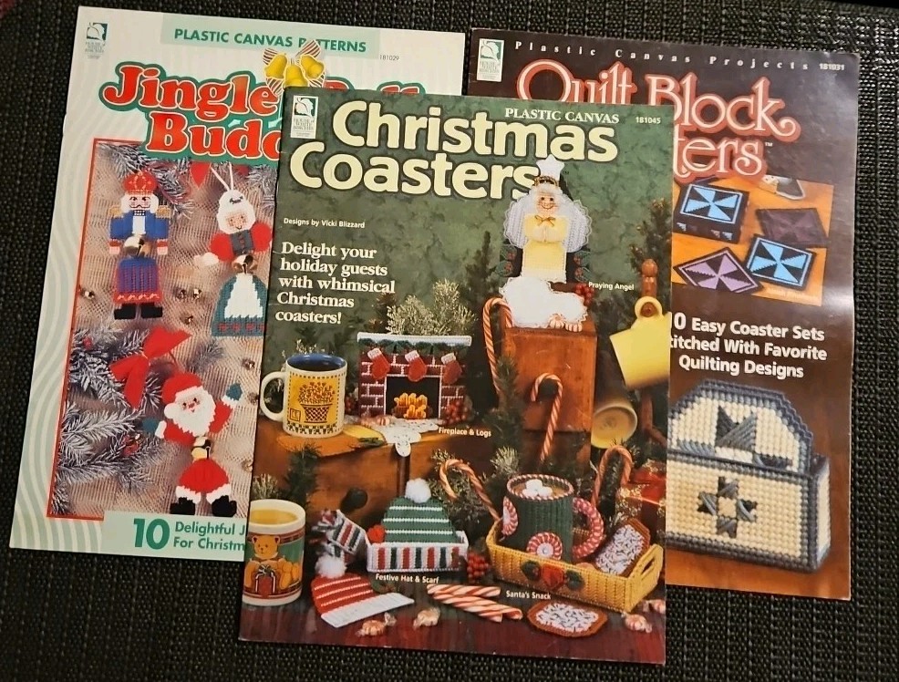 3 Vintage House of White Birches Plastic Canvas Pattern Books XMAS & Coasters