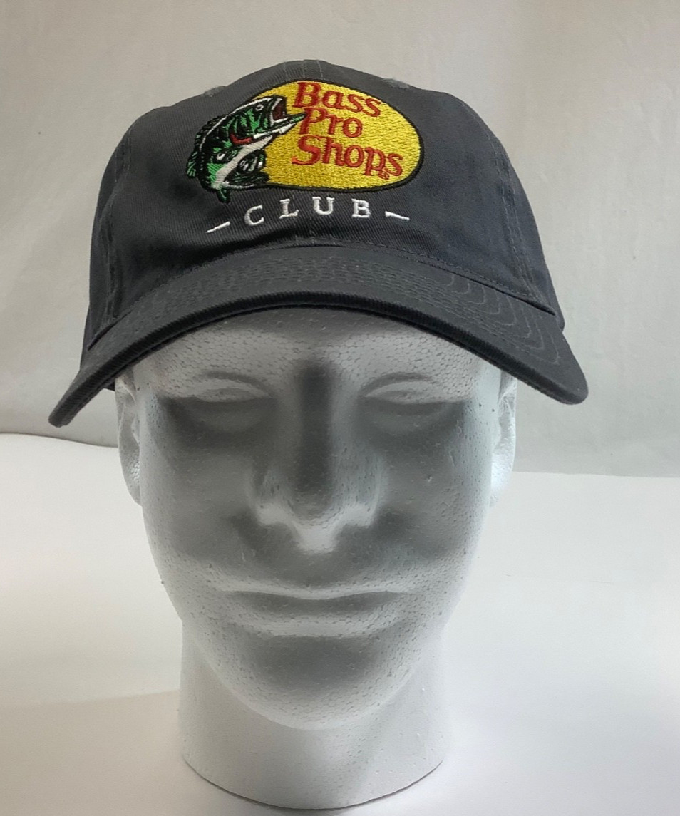 Bass Pro Shops Club Cap in dark gray with fish, adjustable to fit most people