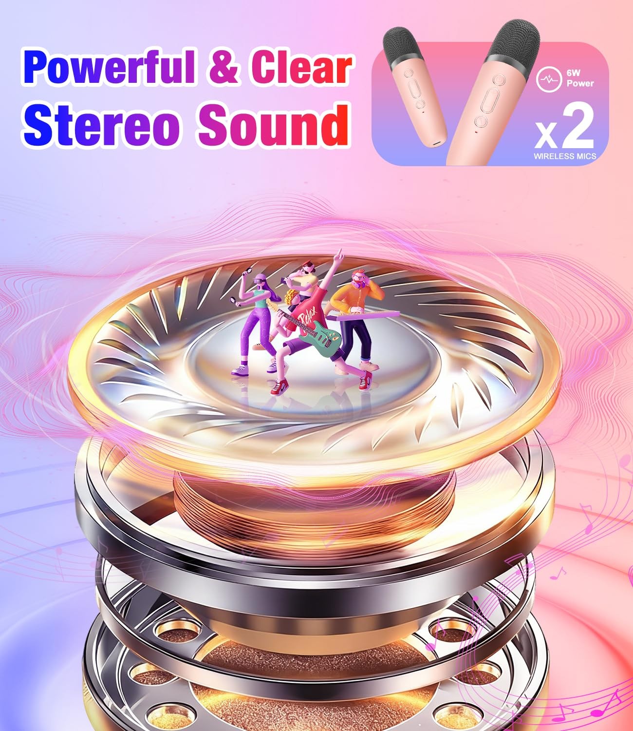 Mini Karaoke Machine, Portable Bluetooth Speaker with 2 Wireless Small, Pink