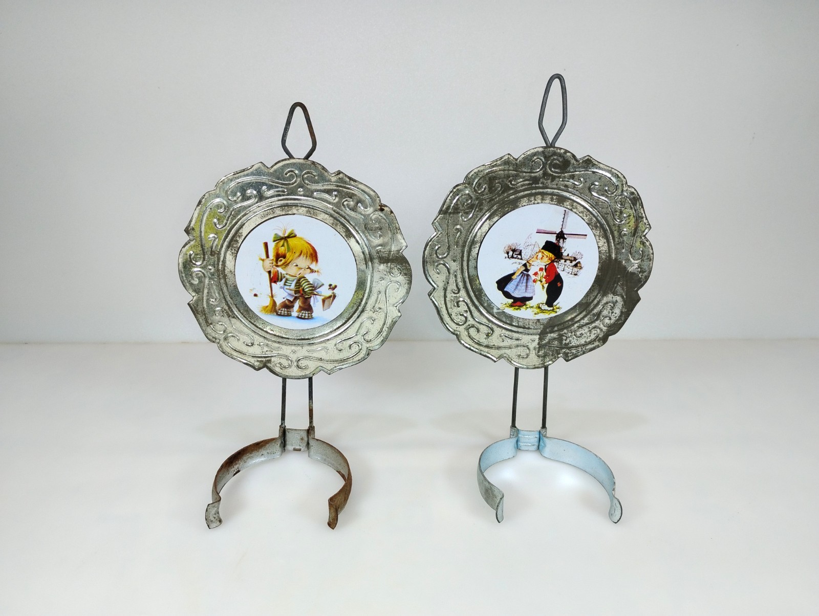 Pair Vintage Oil Lamp Wall Brackets Reflectors Heat Shields Dutch Boy Girl MCM