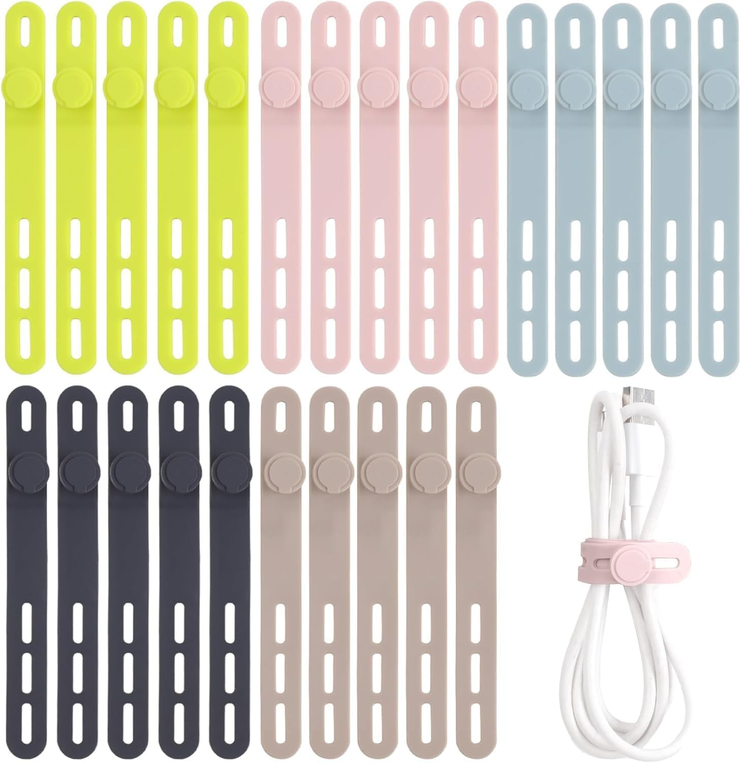 25 Pcs Silicone Cable Ties, Cable Ties Reusable, High Elasticity Cord Wraps for