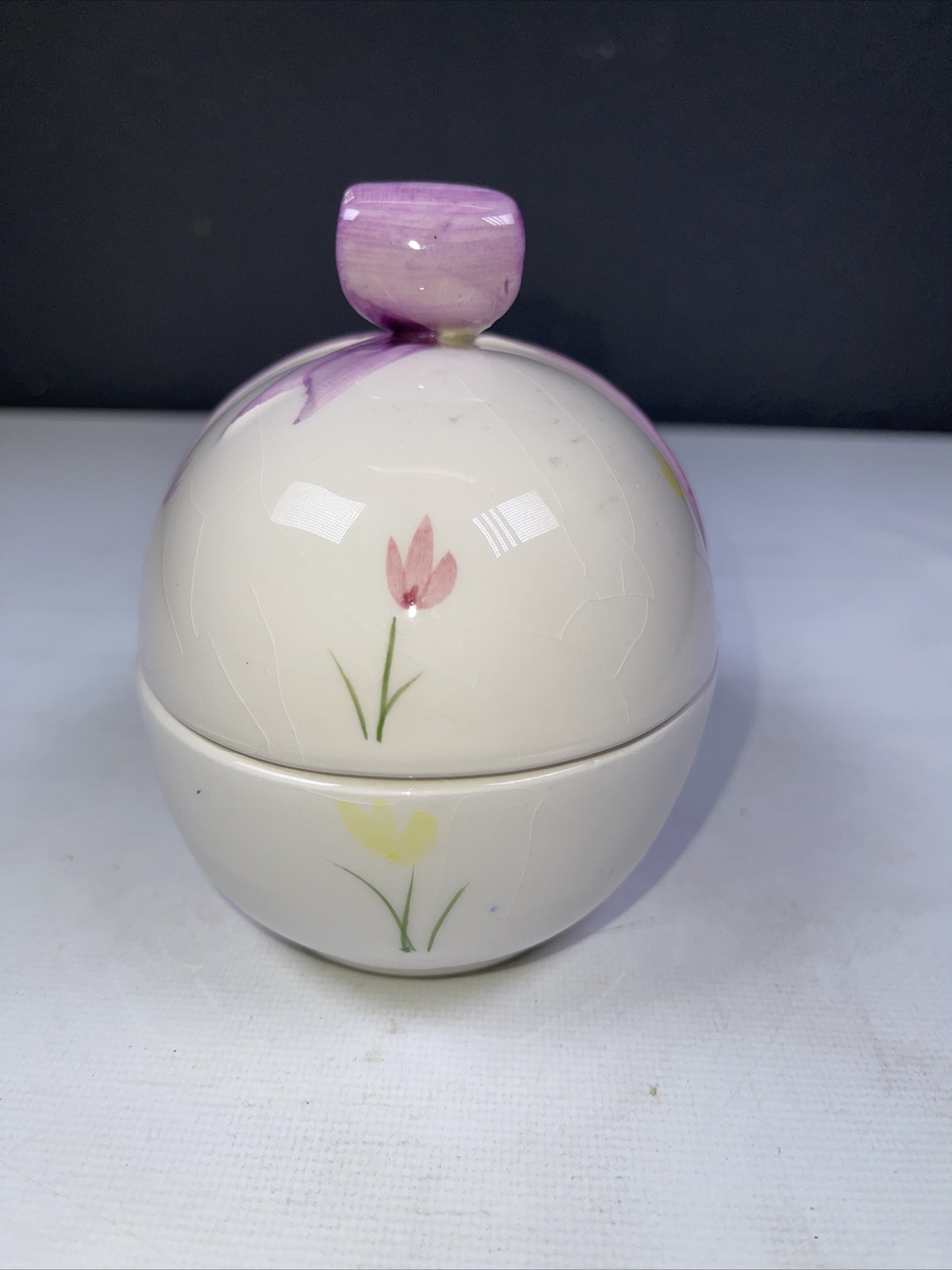 Interpur Porcelain Easter Egg Trinket Box Pink Bow Flowers