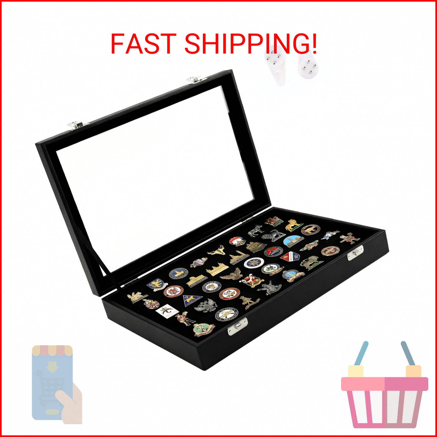 Wowagoga 11x8 Inch Dustproof Enamel Pin Display Case Shadow Box Frame with Hooks