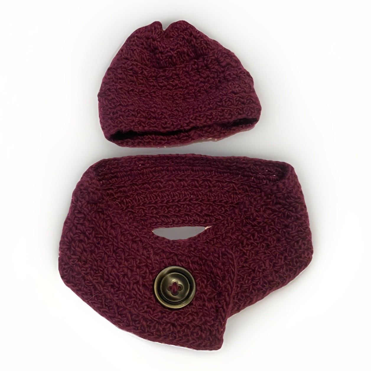 NEW Handmade Crochet Beanie Hat & Scarf Set BURGUNDY RED Made in USA Adult Sm/M