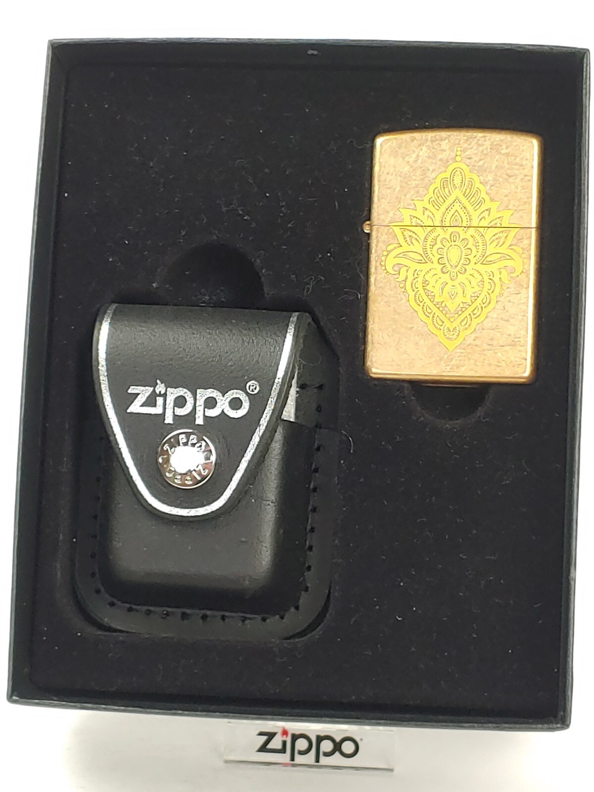Zippo Henna Tattoo Design on Classic Street Brass Lighter w/ Zippo Leather Pouch