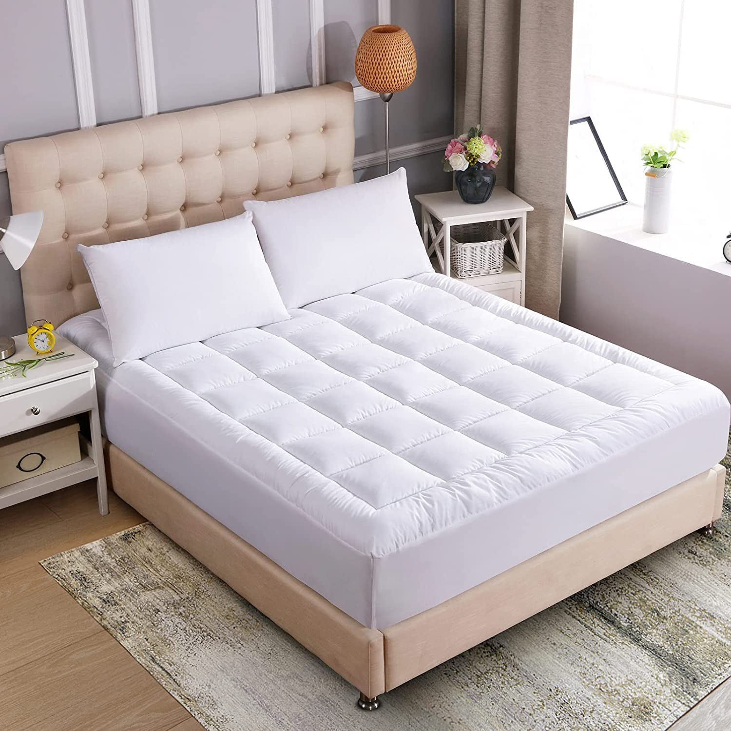 WhatsBedding Cotton Waterproof Mattress Pad Queen Queen, White-waterproof
