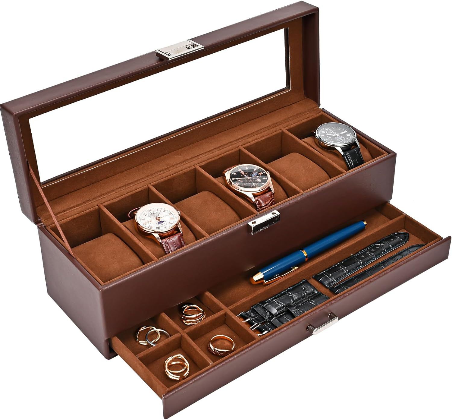 Watch Box, Fathers Day Gift for Dad, 6 Slot Watches Display Case with Drawer, Me