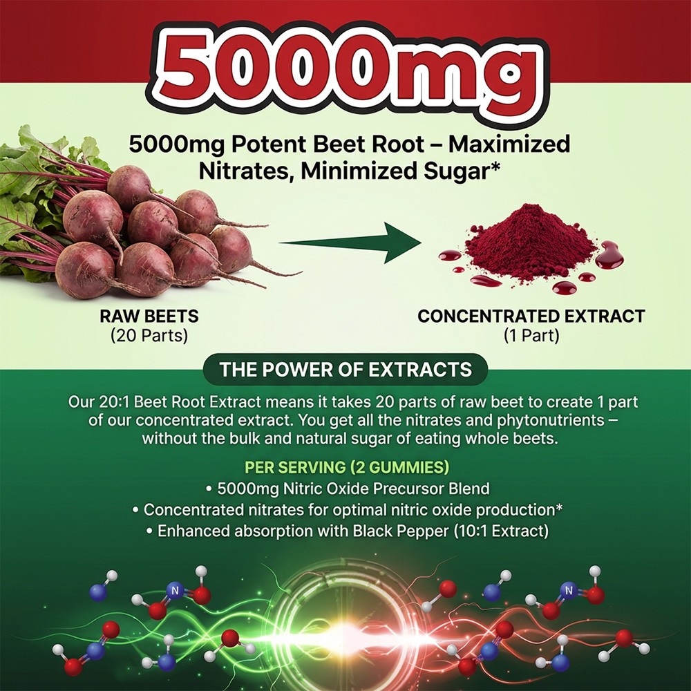 5000mg Beet Root Precursor Blend Gummies Non-GMO Gluten Free 60 Count