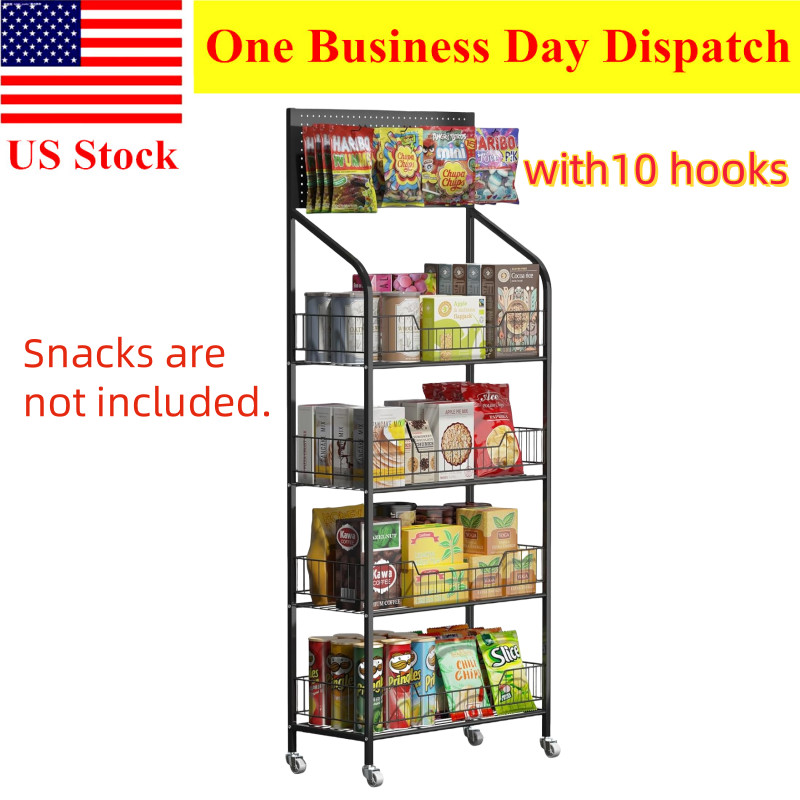 Retail Display Rack 4Tier Black Wire Shelf Metal Stand with Wheels & 10 Hooks US