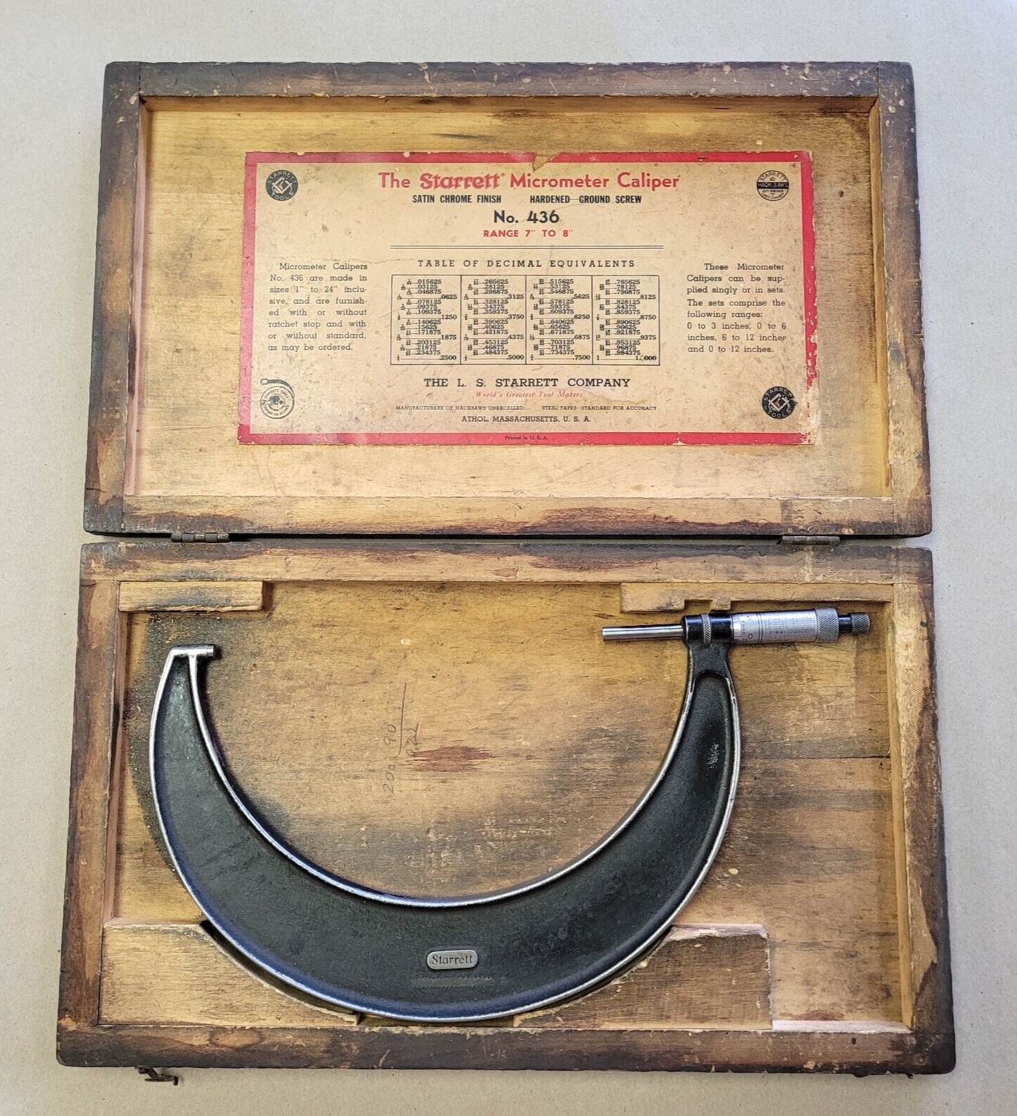 STARRETT NO. 436 OUTSIDE MICROMETER 7-8"