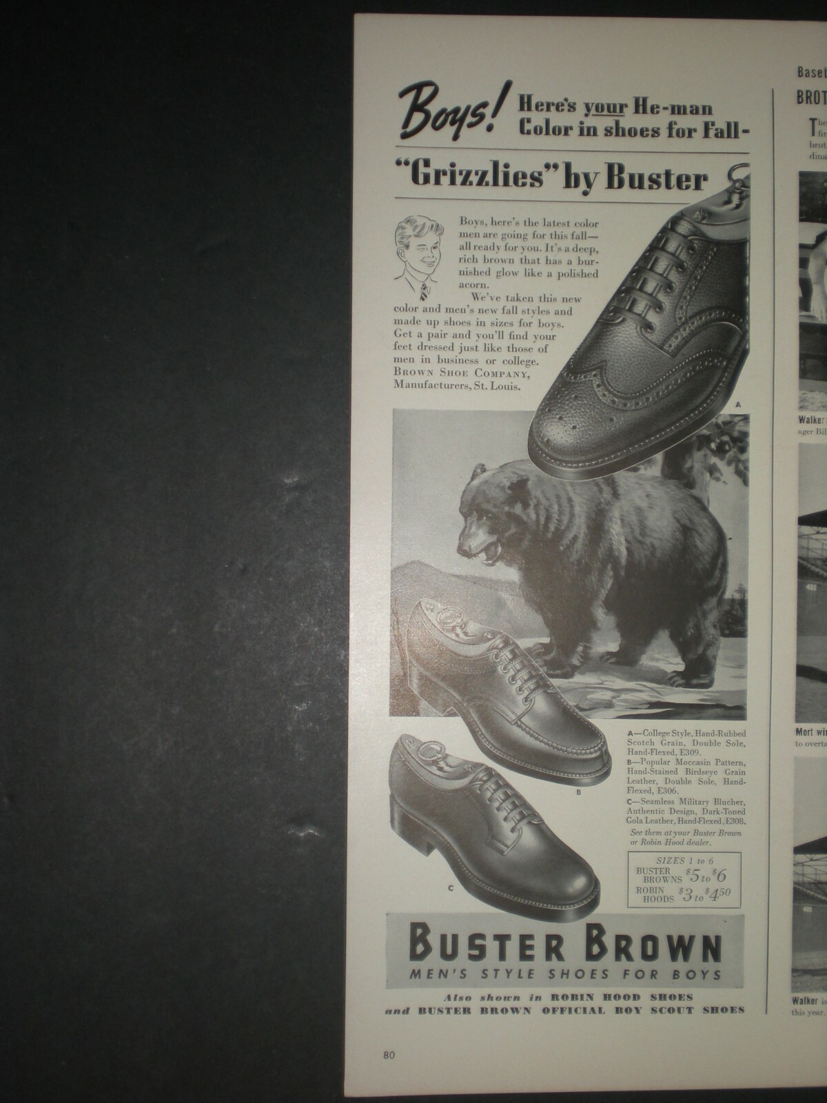 1942 GRIZZLY BEAR BUSTER BROWN GRIZZLIES BOYS SHOES Trade print ad