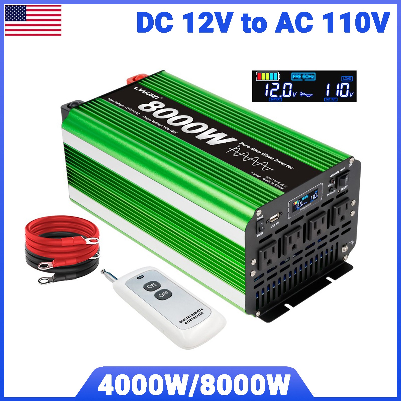 4000W 8000W Pure Sine Wave Power Inverter 12V DC To 110V AC Converter Camping US