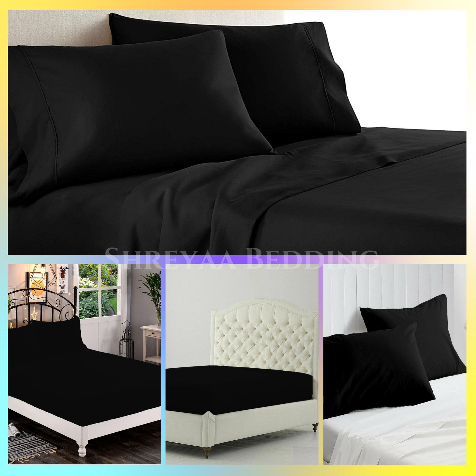 Extra Deep Pocket Bed Sheets 1000 - 1200 TC Egyptian Cotton Black Solid