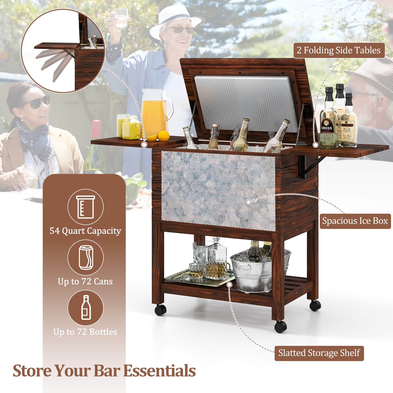 54 Quart Rolling Wooden Patio Cooler Cart with 2 Drop Leaf Tables Bottle Opener