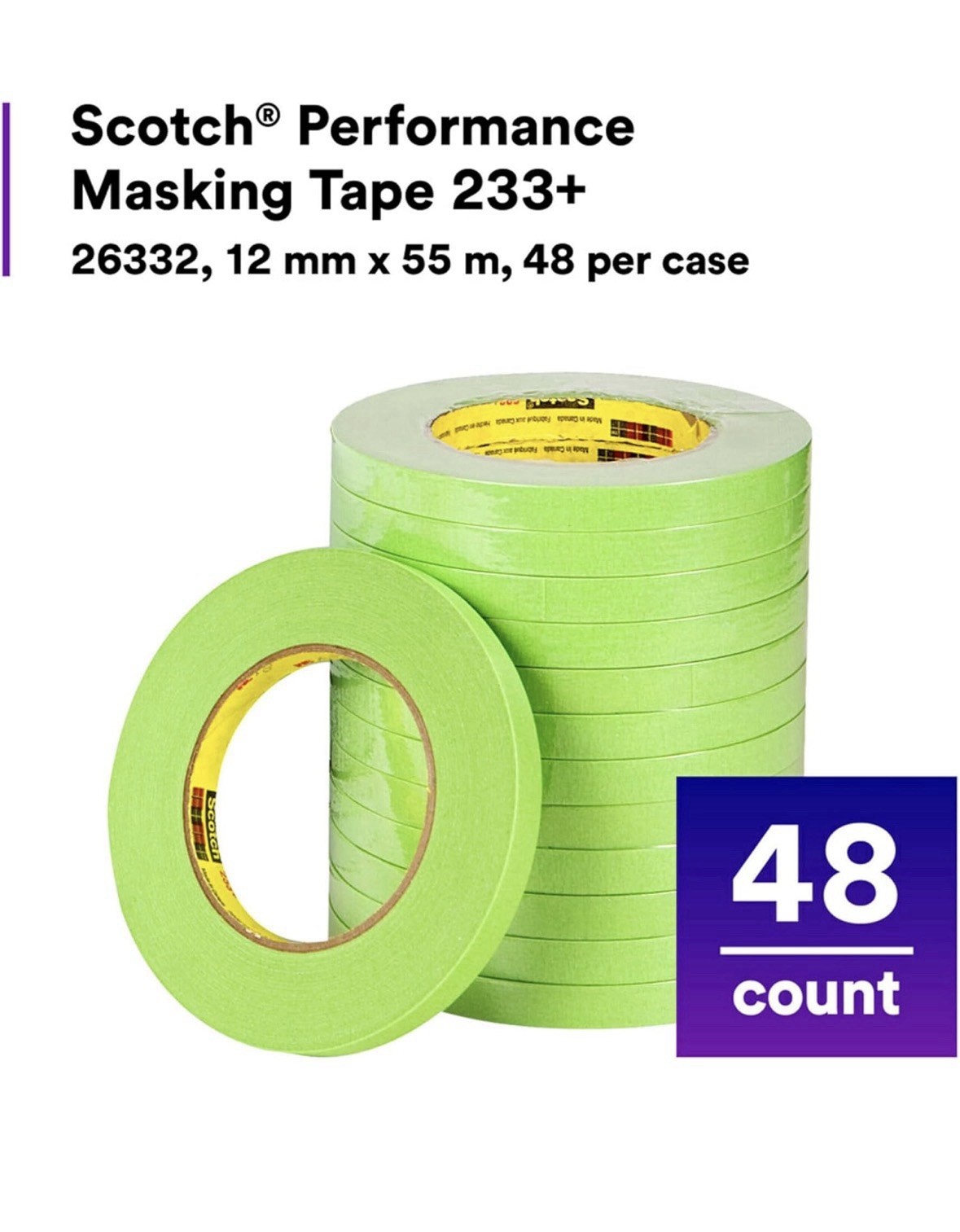 1/2" - 1 ROLL 3M 26332 Green Masking Tape 233+ 48 Rolls