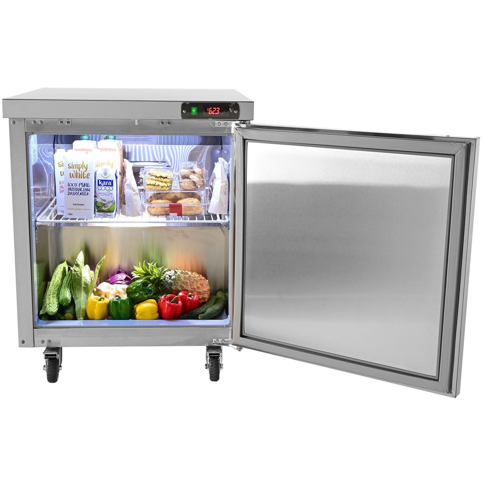 Stainless Steel 28" Prep Refrigerator: 7.4 Cu Ft, Digital Temp Control, Casters