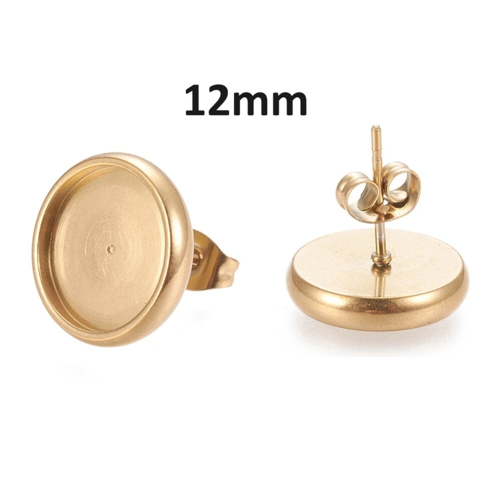 10 pcs 304 Stainless Steel Gold Plated Earring Posts Settings Bezel Tacks - 12mm
