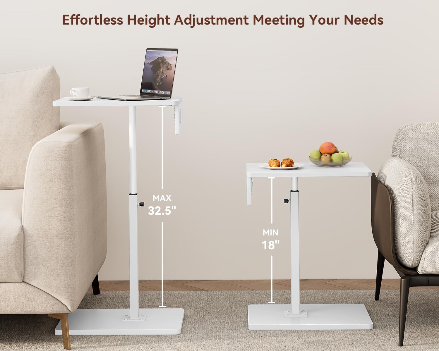 C Shaped End Table with Charging Station, Adjustable Height C Table End Table...