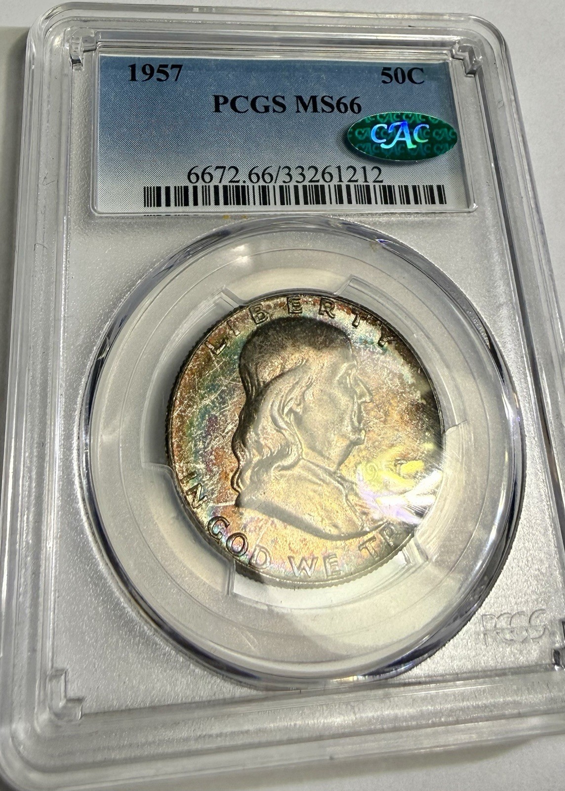 1957 Franklin Half Dollar PCGS MS66 CAC Green Bean Crazy Toned - Video FB2