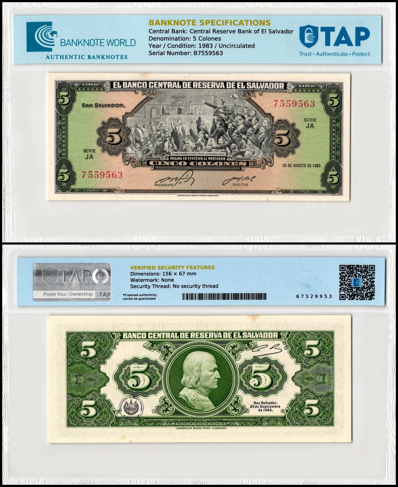 El Salvador 5 Colones, 1983, P-134a, UNC, TAP Authenticated