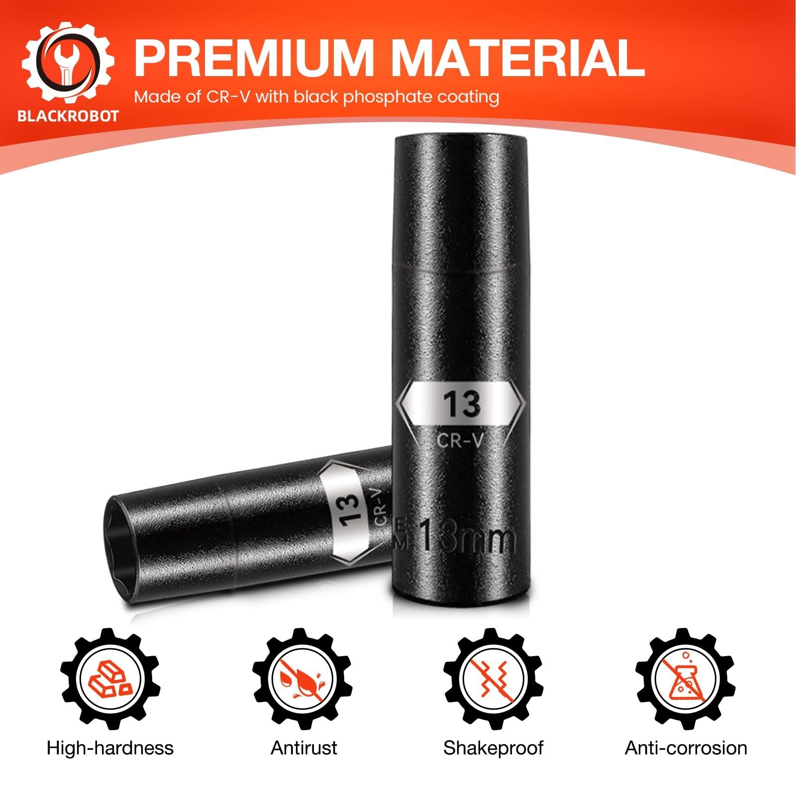 BLACKROBOT 1/2 Inch Drive 6-Point Deep Socket, 13mm Deep Impact Socket, CR-V ...