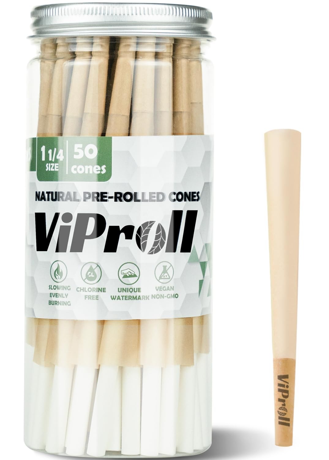 Pre Rolled Cones 1 1/4 Size 50 Pack, Natural Unbleached Rolling Papers with W...