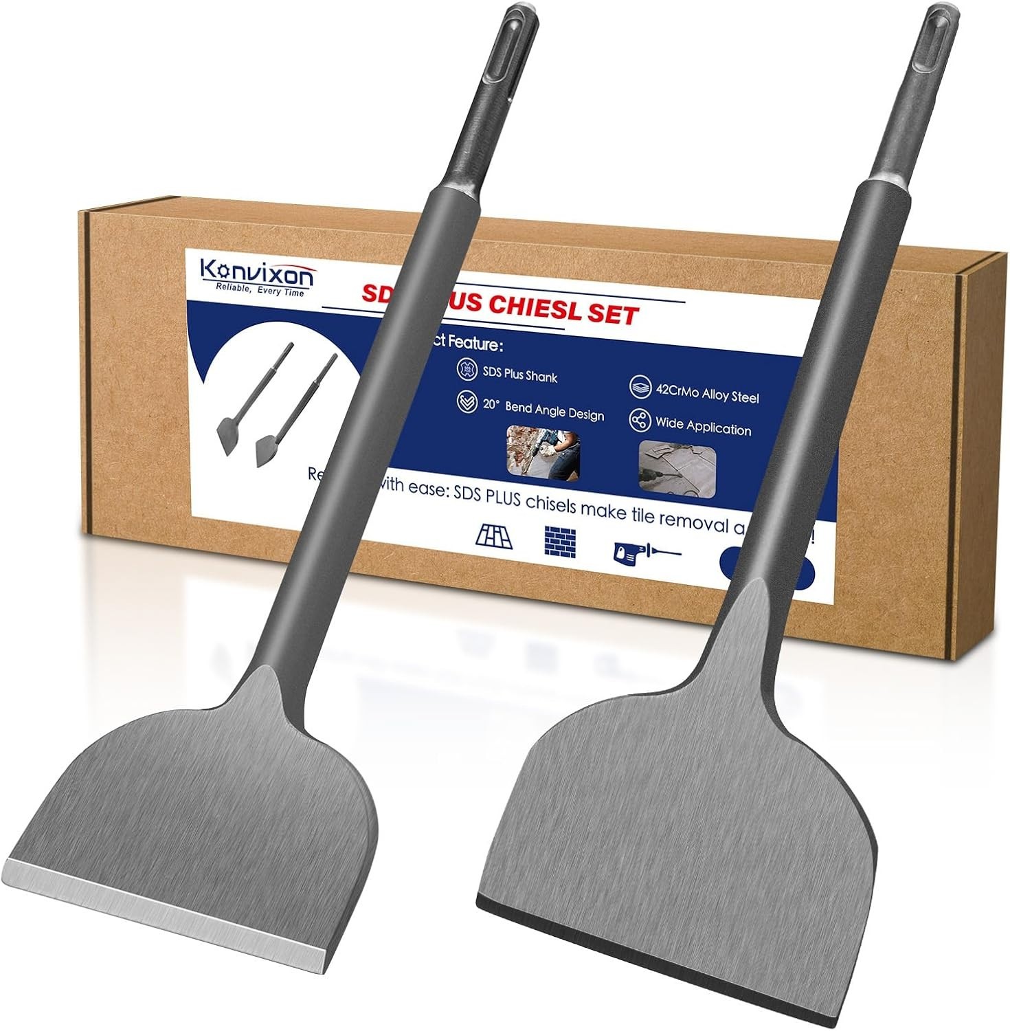 2Pcs SDS plus Chisels Set, Flat & 20° Bent, 3” X 10” Tile Removal Bits in 40Cr A