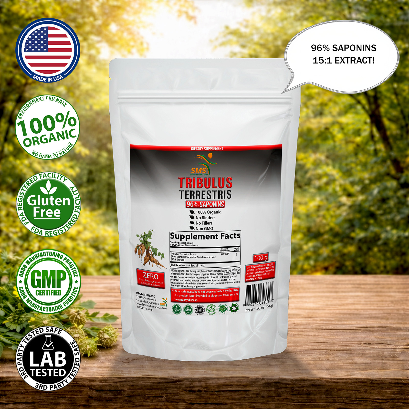 Tribulus Terrestris Extract 96% Saponins Puncture Vine Organic Non GMO 100g