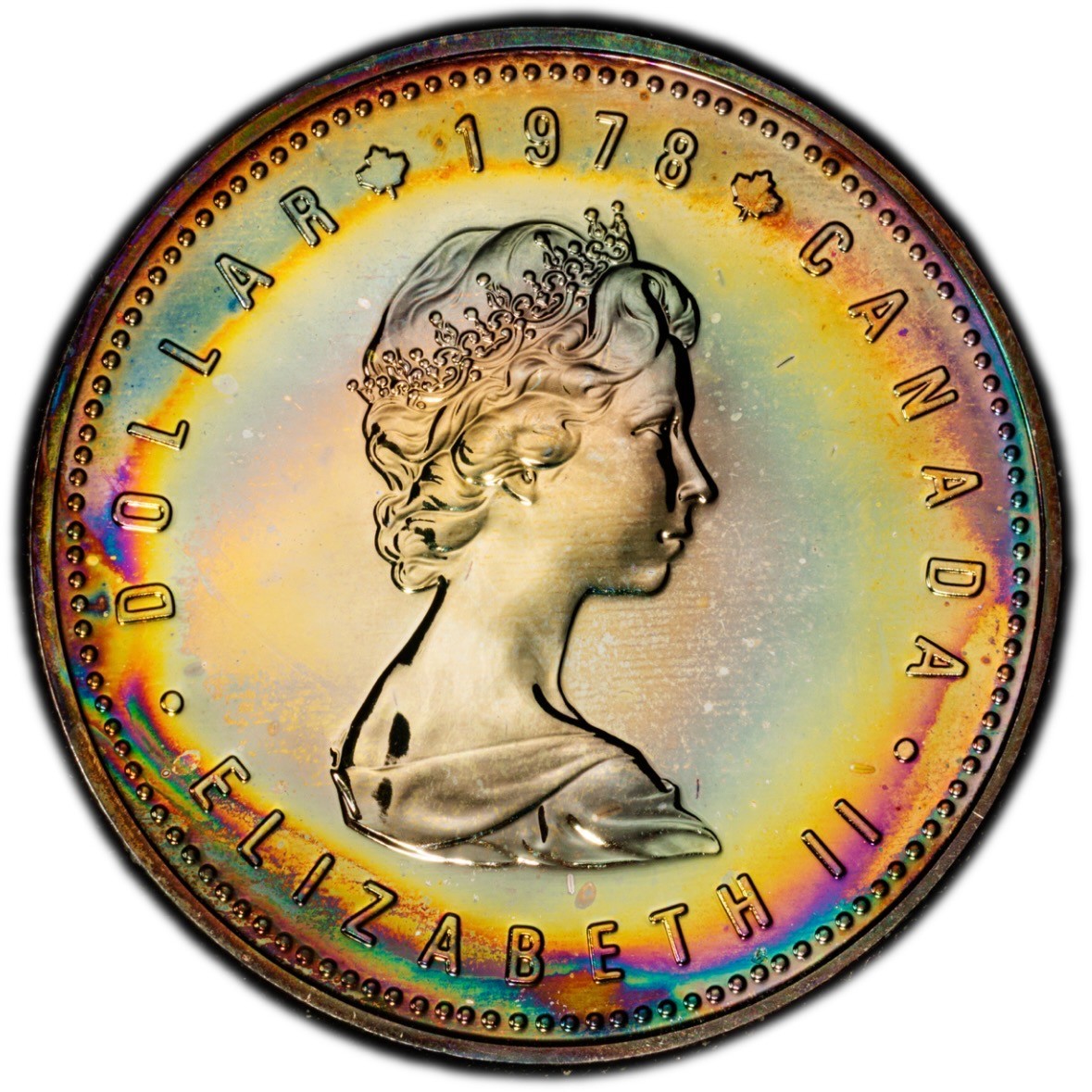 SP68 1978 $1 Canada Commonwealth Games Silver Proof Dollar, PCGS- Rainbow Toned