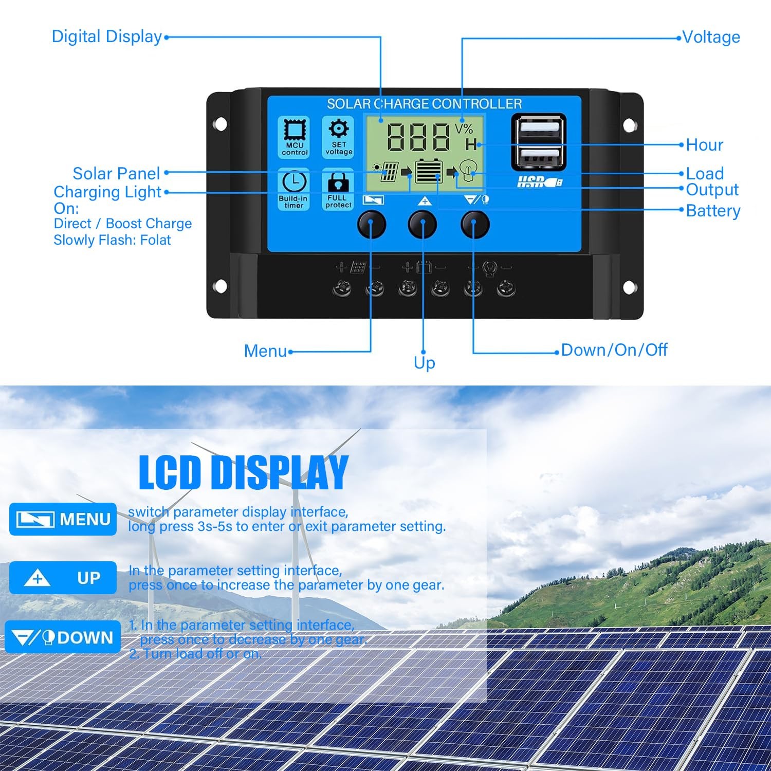 30A PWM Solar Charge Controller, 12V 24V Dual USB Solar Panel Battery Intelli...