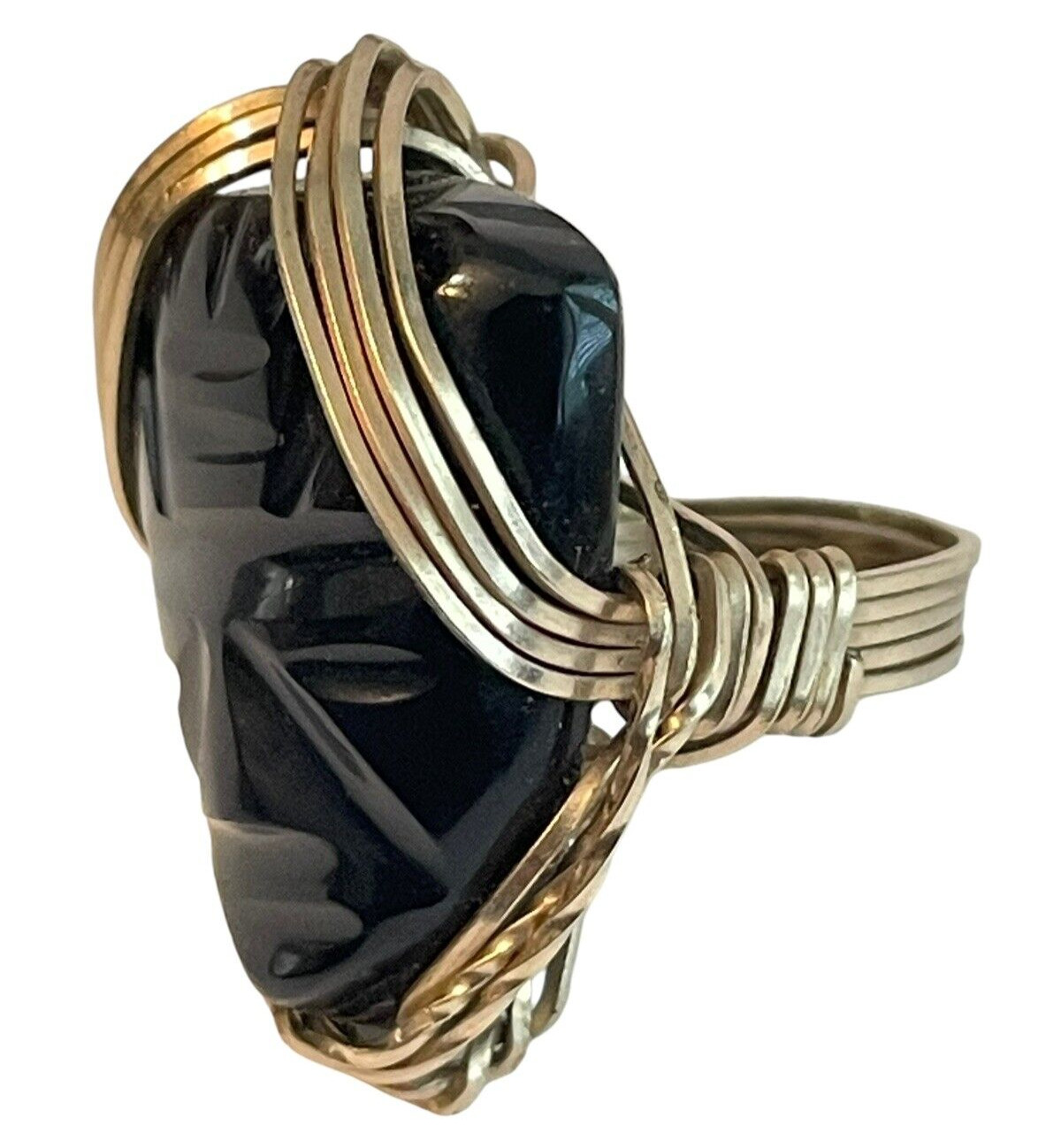 Carved Black Oynx Face Wire Wrapped Gold Tone Statement Ring Sz 5