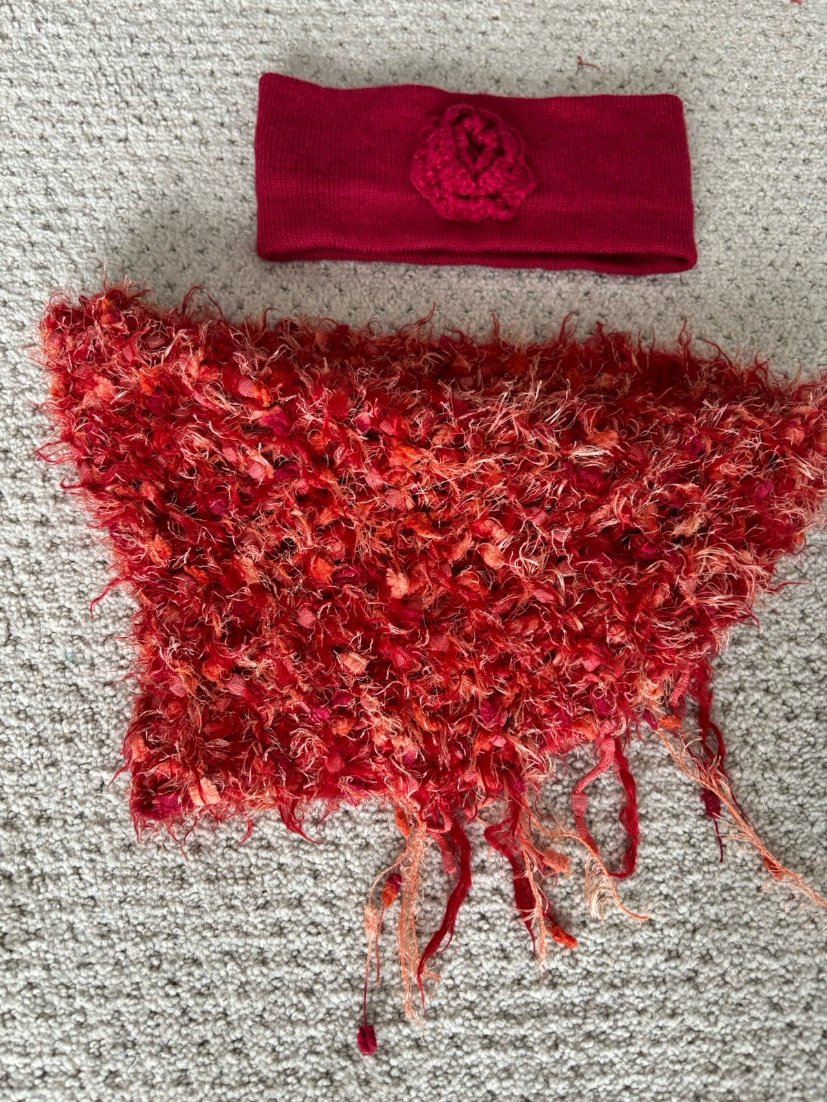 Handmade Knit Cowl Circle Scarf With Fringe Soft Specialty Yarn W/Headband 13x10