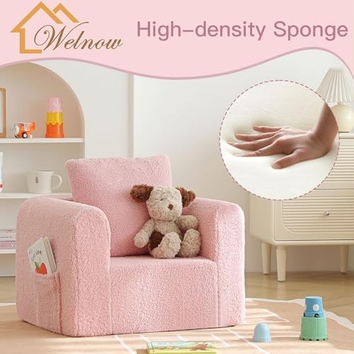Kids Sofa with Pillow, Cozy Toddler Chair Soft Foam Seat for Sherpa Pink
