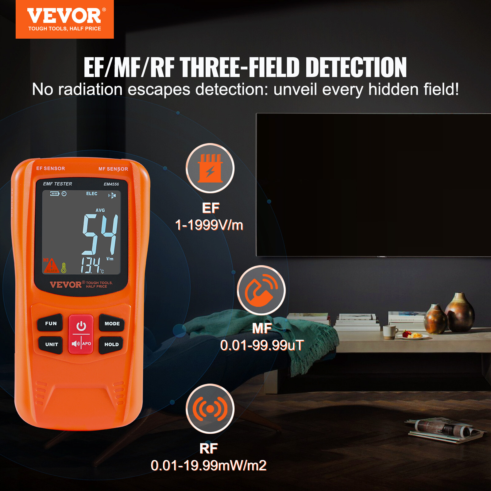VEVOR Digital LCD 3-in-1 EMF Meter Electromagnetic Radiation Detector RF 5G