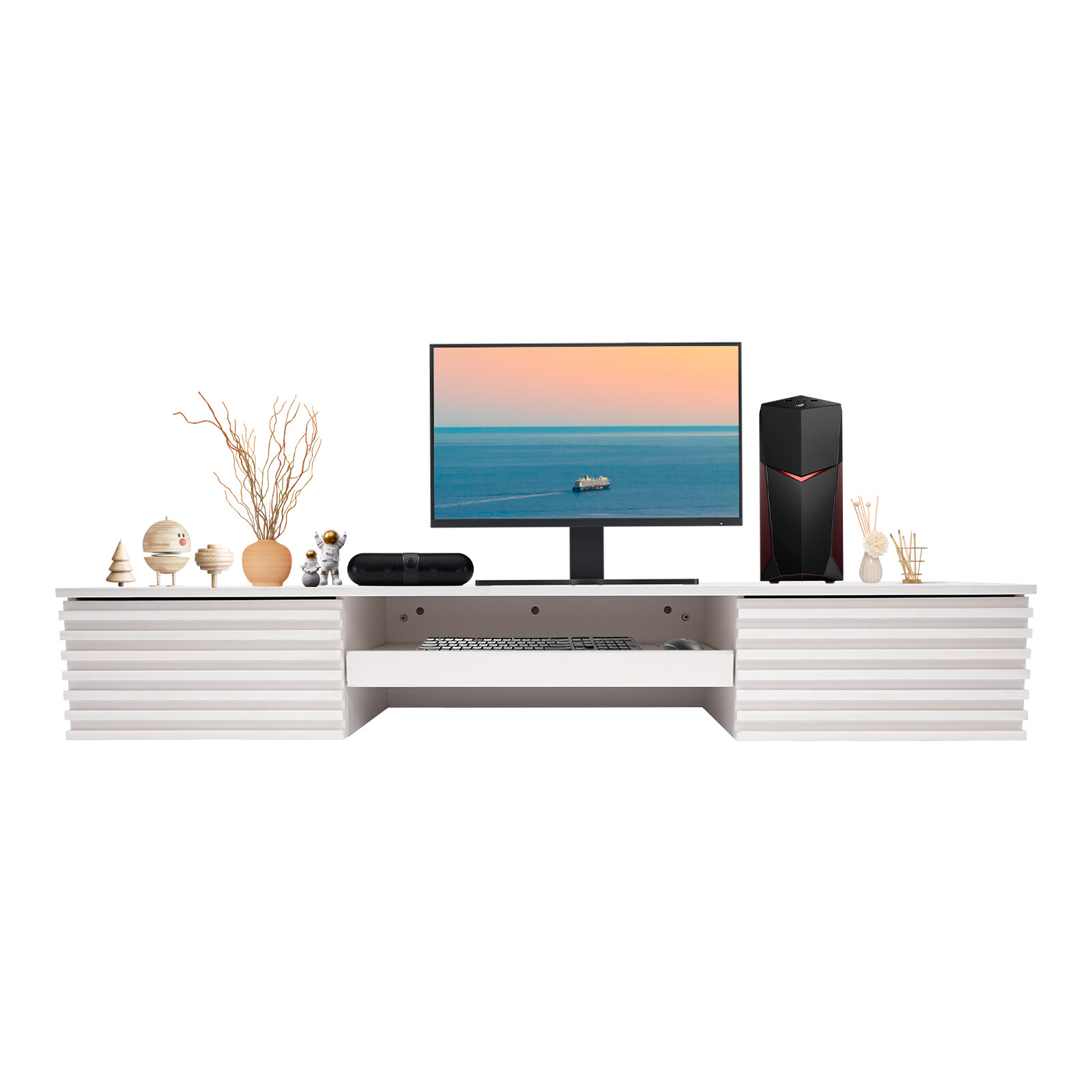White Floating Wall Mounted Desk with Pull Out Drawer Wall Organizer 120lbs