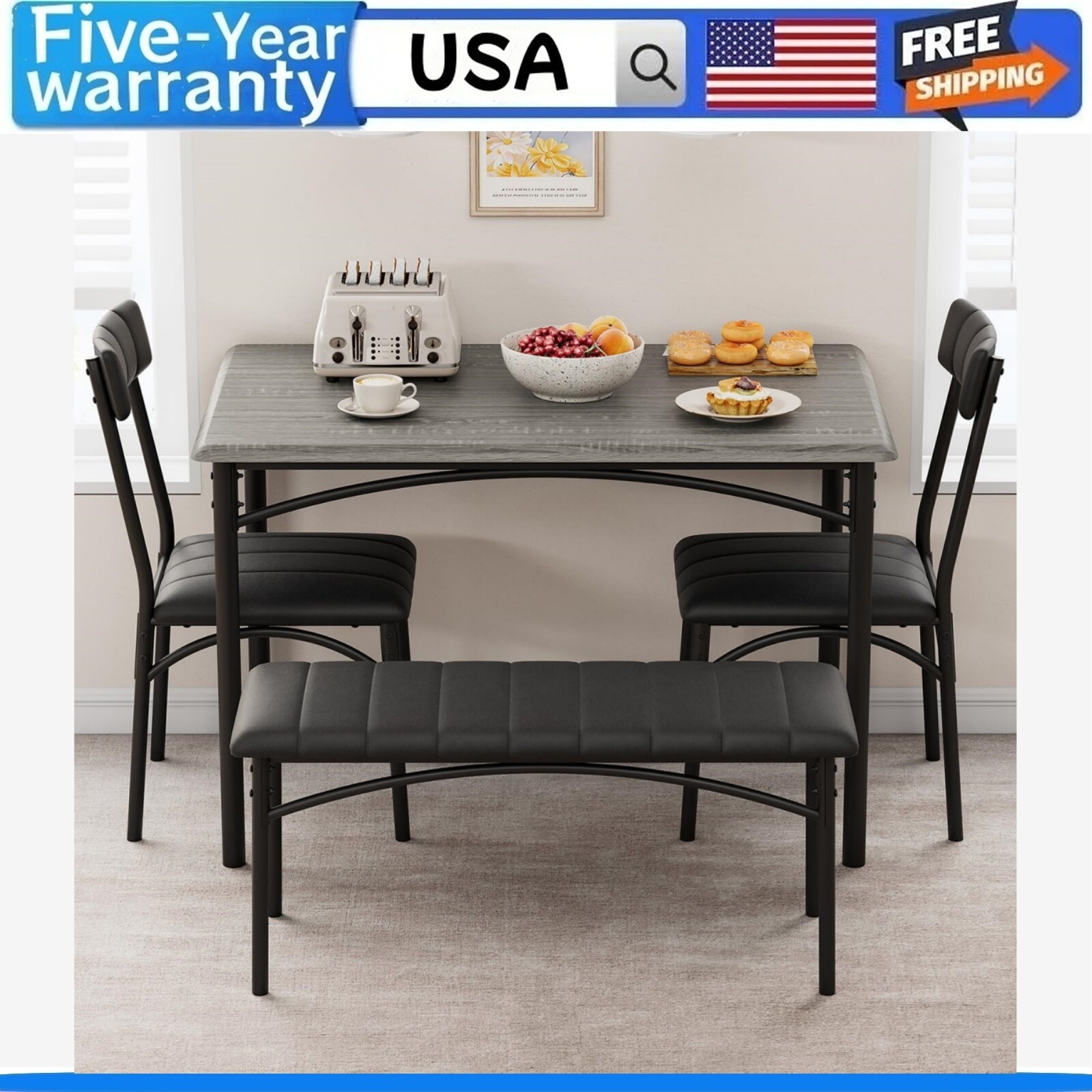 ✅Dining Table Set for 4 Kitchen Table W/Upholstered Chairs and Bench Rectangular