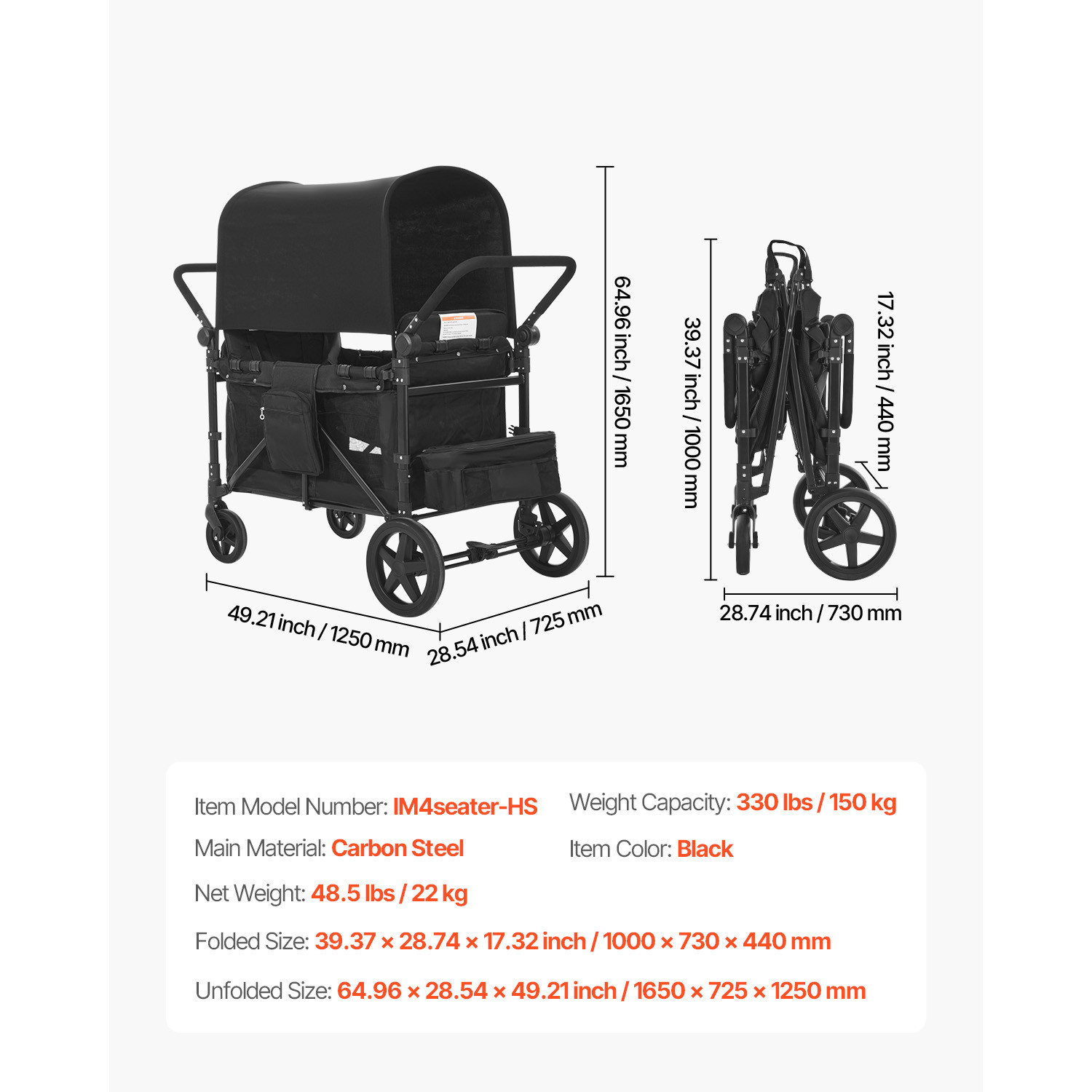 Wagon Stroller 4 seater Push Pull Quad Collapsible Stroller 330LBS with Canopy