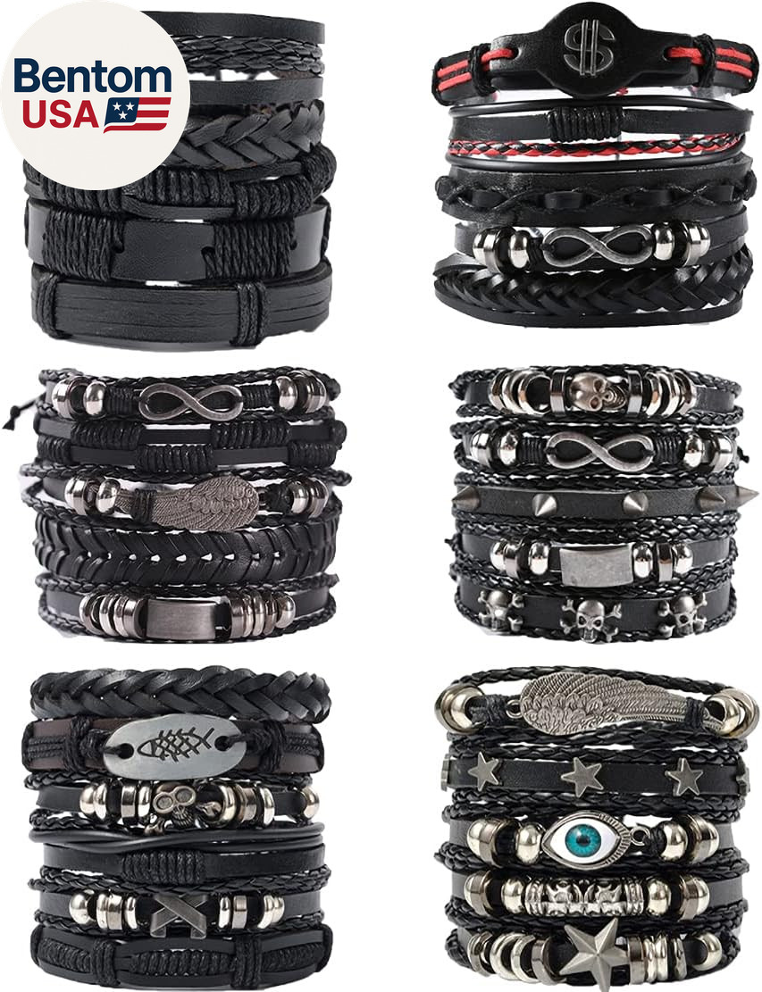 6 Pack Mens Black Leather Bracelets Set for Men Stackable Braided Cuff Bracelet