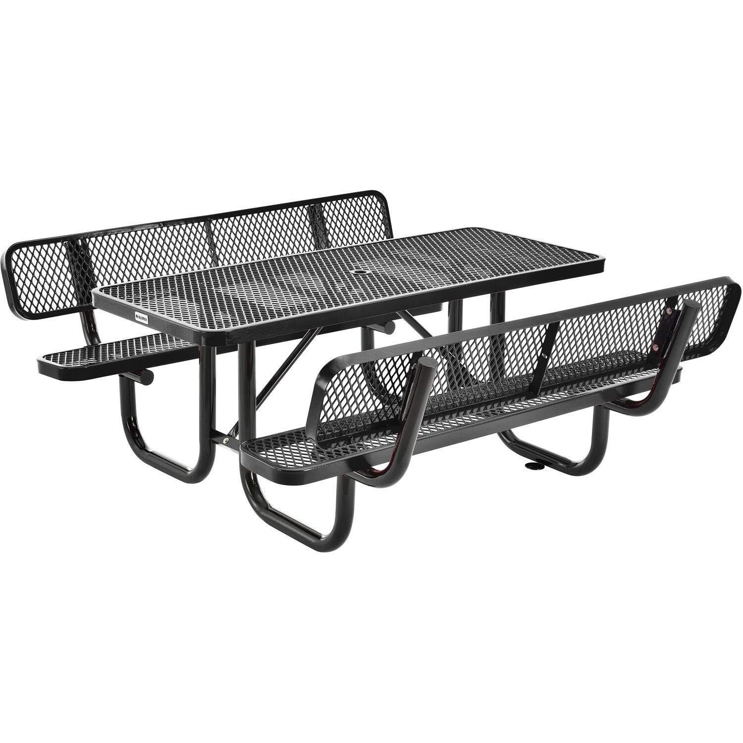 6' Rectangular Outdoor Expanded Metal Picnic Table With Backrests Black