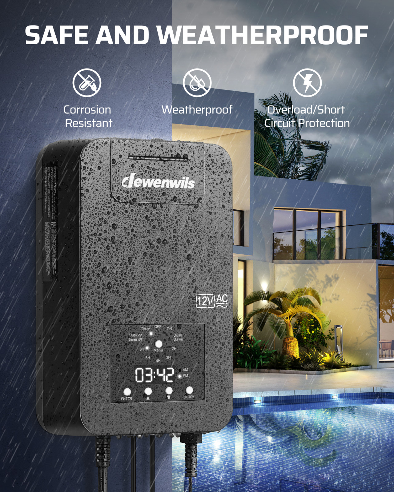 DEWENWILS Low Voltage Transformer 200W, Photocell Sensor & Timer, Weatherproof