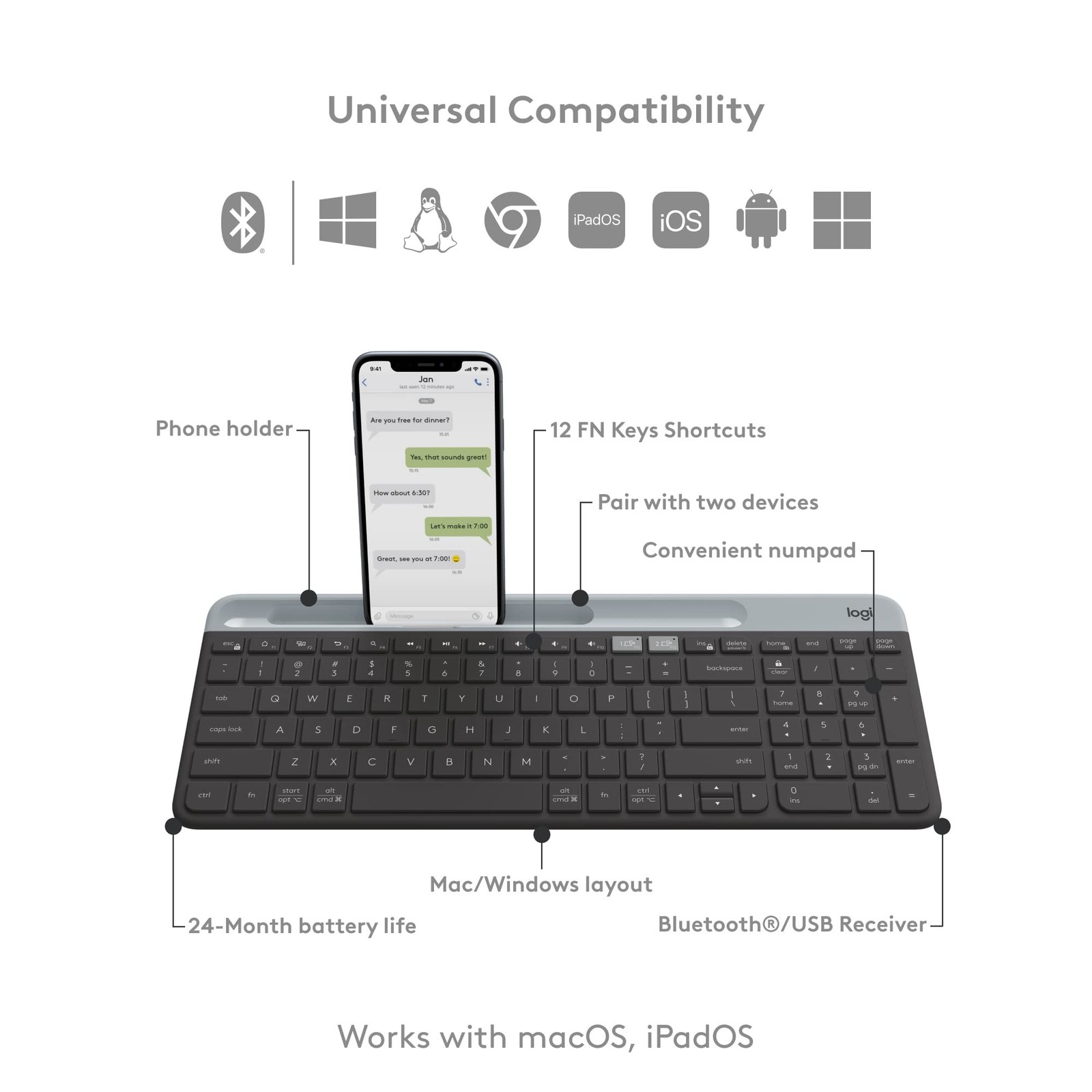 Logitech K585 Multi-Device Slim Wireless Keyboard, Built-in Cradle for Device...
