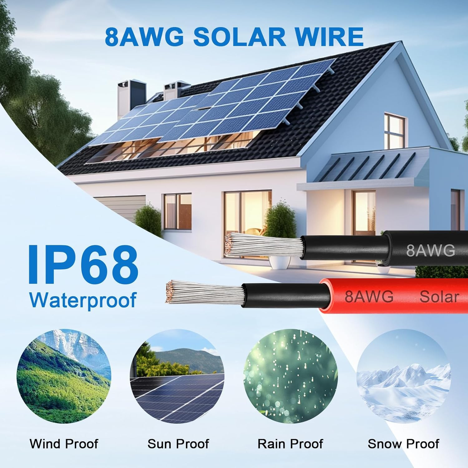 8AWG Solar Panel Wire 10mm², 2 Pack 50FT Red & Black Solar Extension Cable, PV W