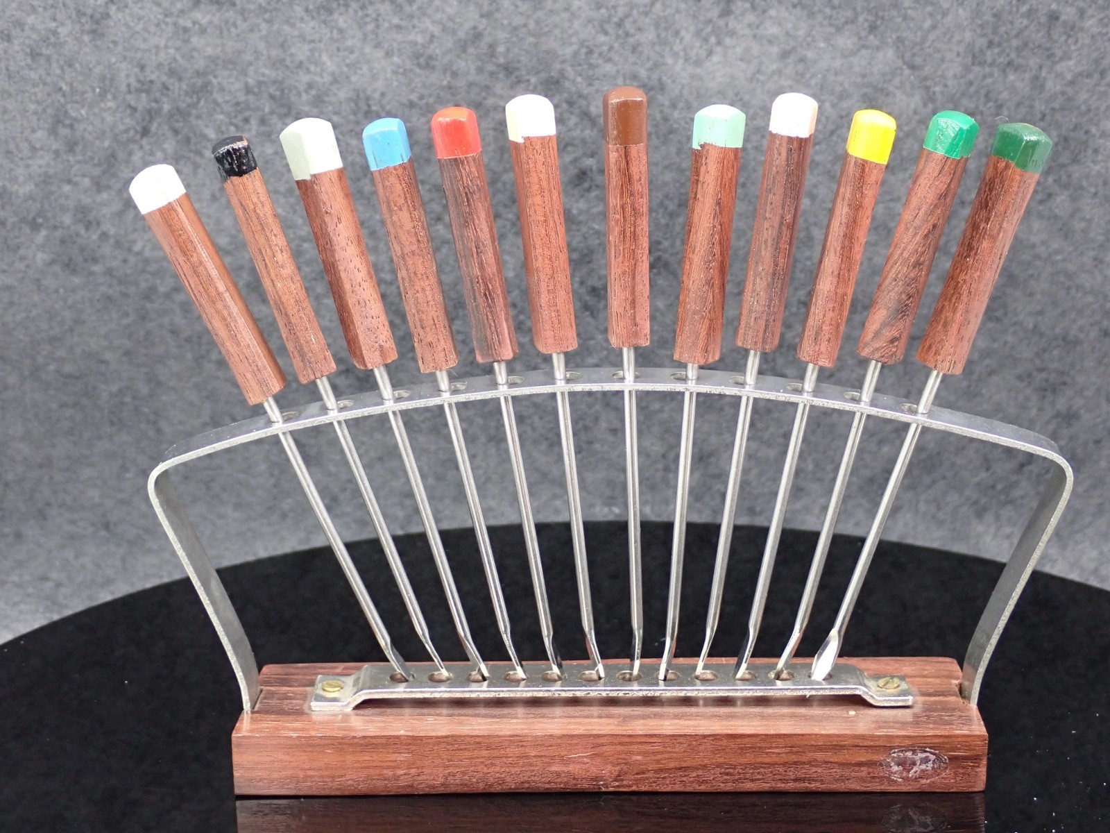 Set of 12 VTG Wood Stainless Steel Cocktail Appetizer Forks with Stand/Holder