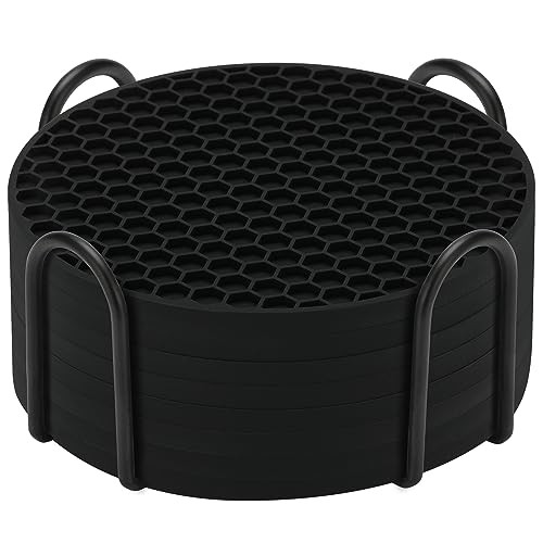 TWTLi 8-Pack Silicone Drink Coasters with Holder, Non-Slip Coaster 8 Pcs Black
