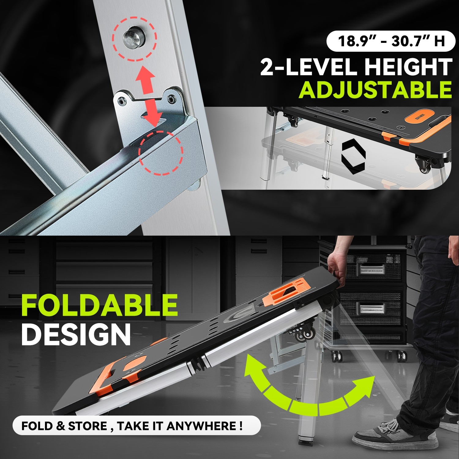 Orange 7-In-1 Multifunctioanl Adjustable Foldable 220LB Work Bench w/ 4 Wheels
