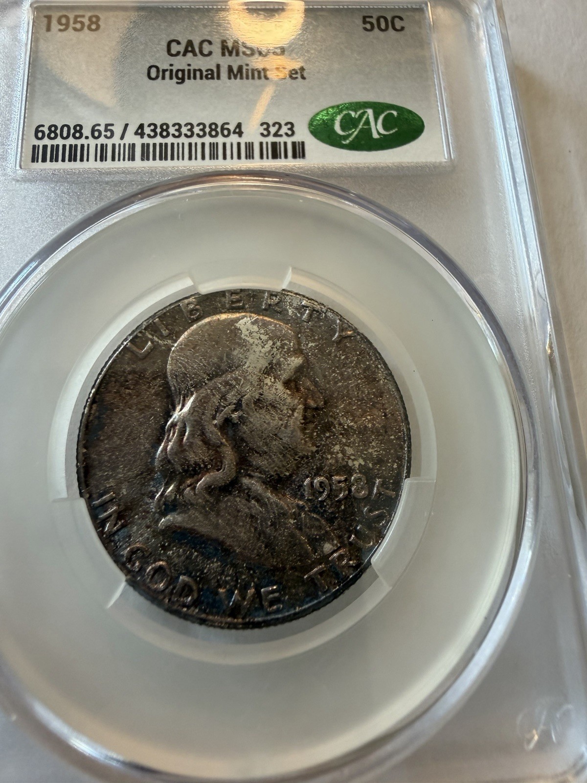 1958 Philadelphia 50C CAC Certified Franklin Half Dollar Stunning Toned Coin