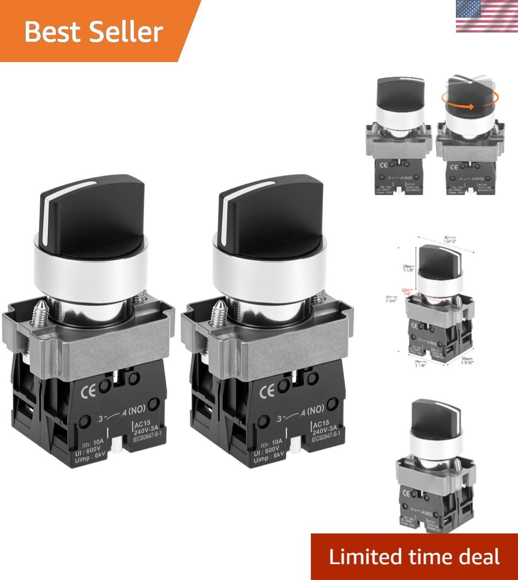 2 Pack 22mm 3 Position Maintained Selector Switch 2NO 660VAC 10A Panel Operators