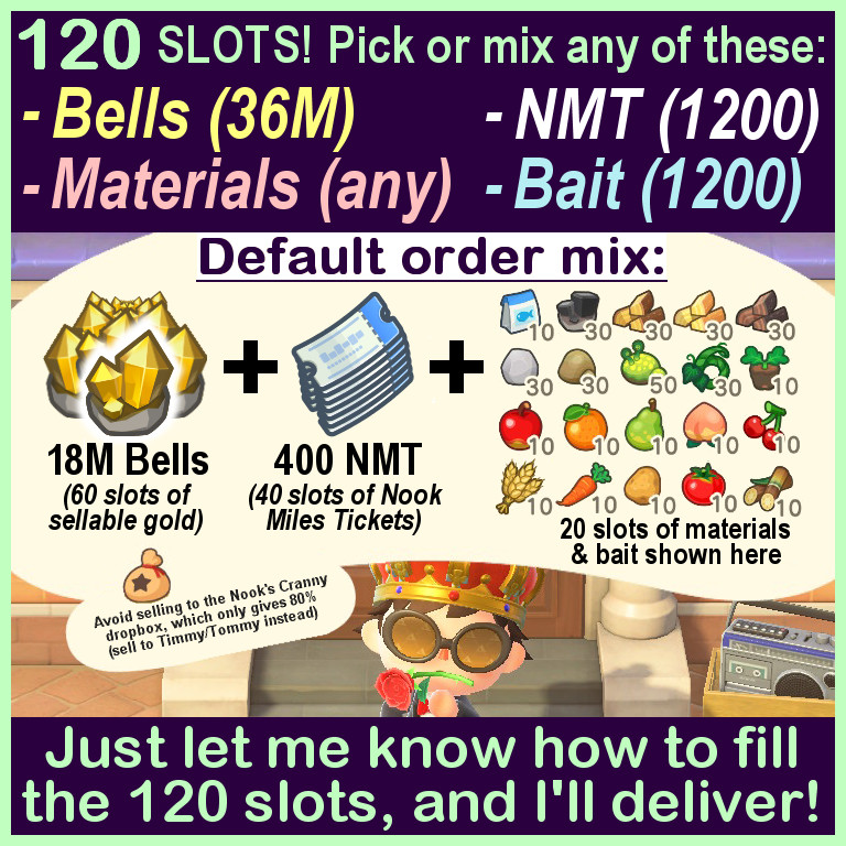Pick/Mix Bells, Nook Miles Tickets etc [120 SLOTS]! Animal Crossing:New Horizons