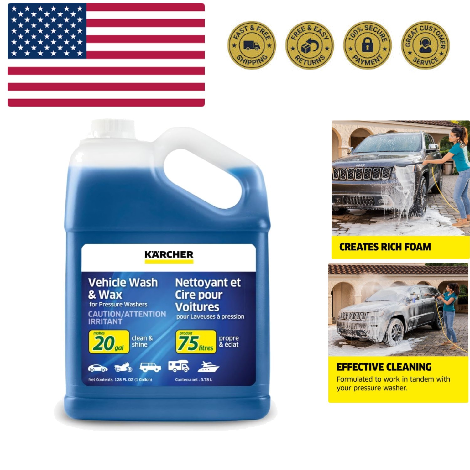 Kärcher Vehicle Wash and Wax, Pressure Washer Detergent, Cleans Cars, Bikes, ...
