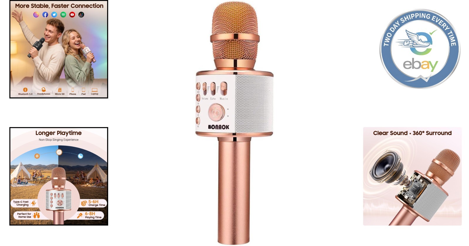 Rose Gold Wireless Bluetooth Karaoke Microphone & Speaker for Effortless Fun
